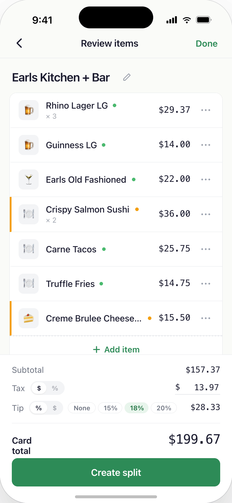 AI-extracted items from a restaurant receipt