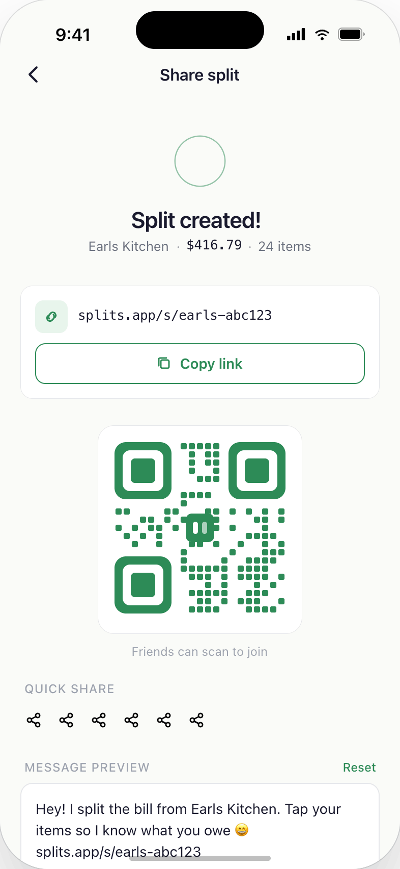 Share split link via WhatsApp, text, or QR code