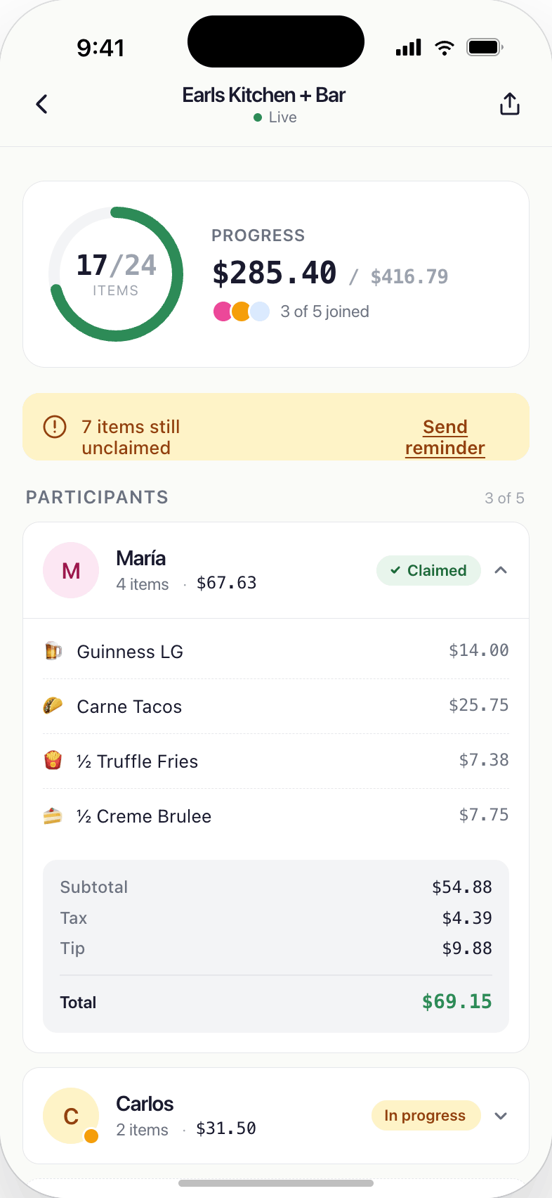 Split dashboard showing who has claimed what and payment status