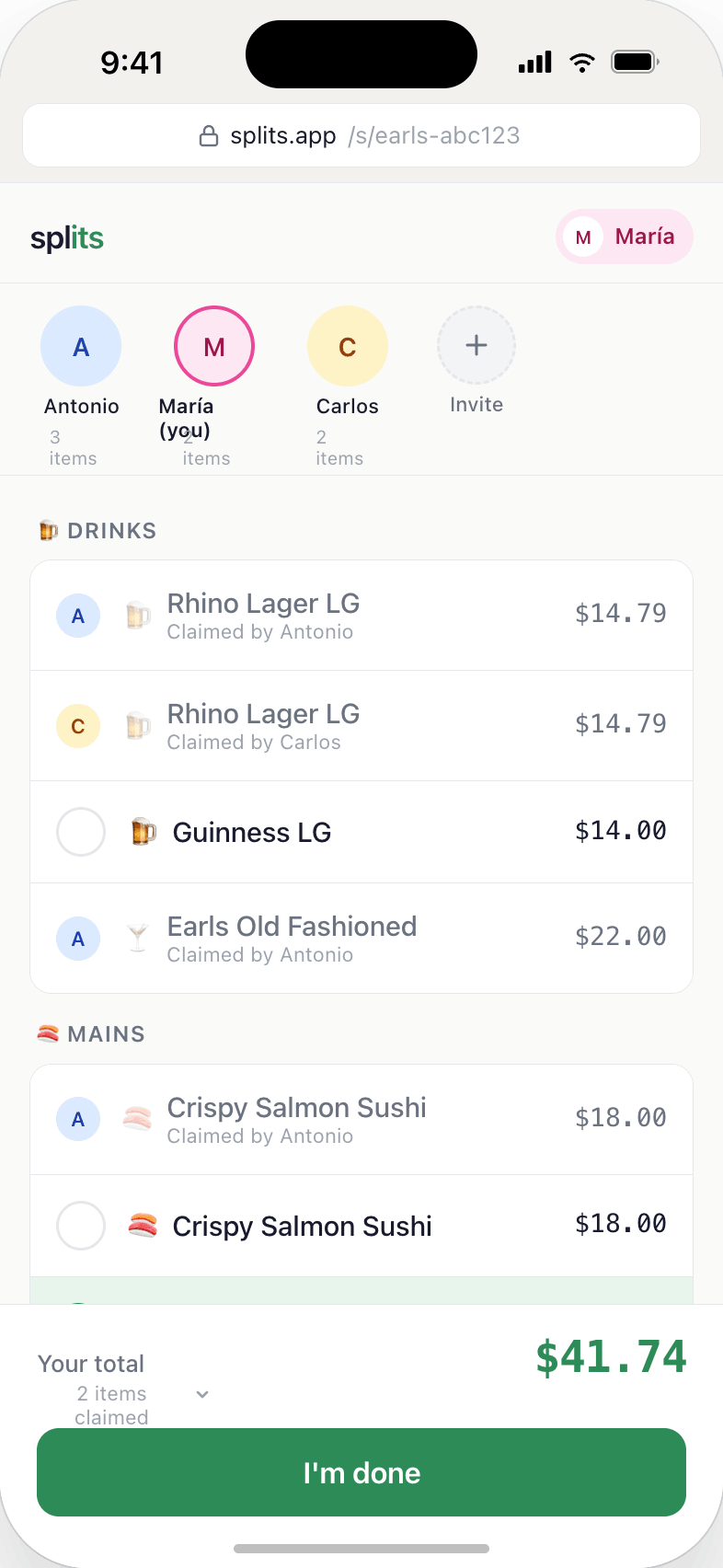 Each person taps what they ordered to claim their items