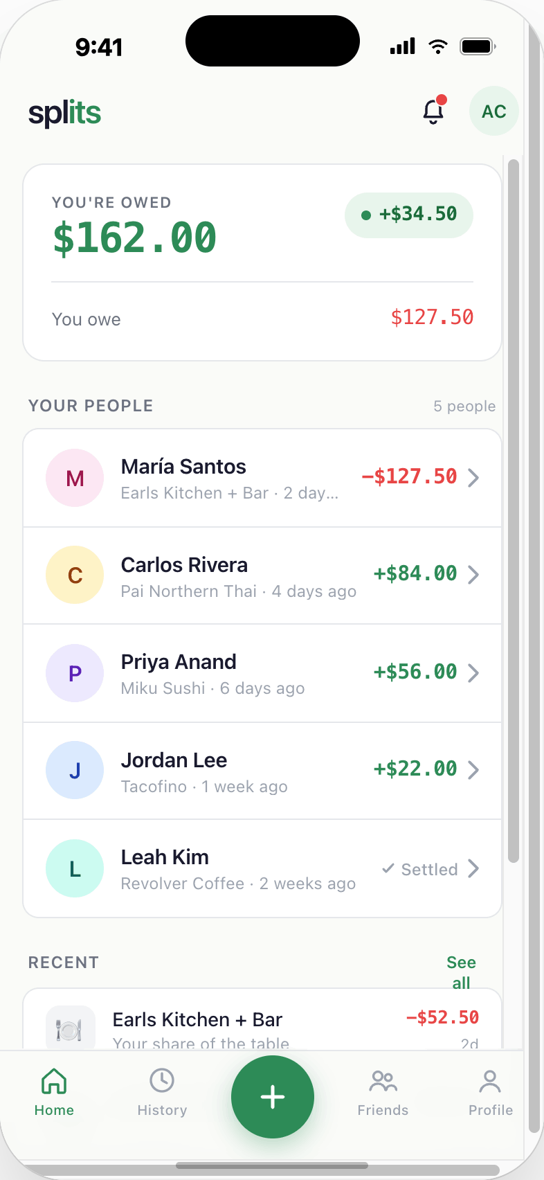 Splits home screen — the relationship ledger showing who owes you and who you owe