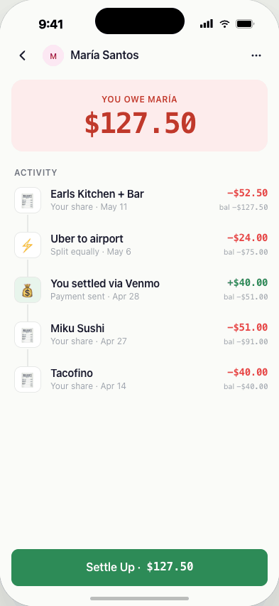 Person detail showing full financial history and running balance with one person