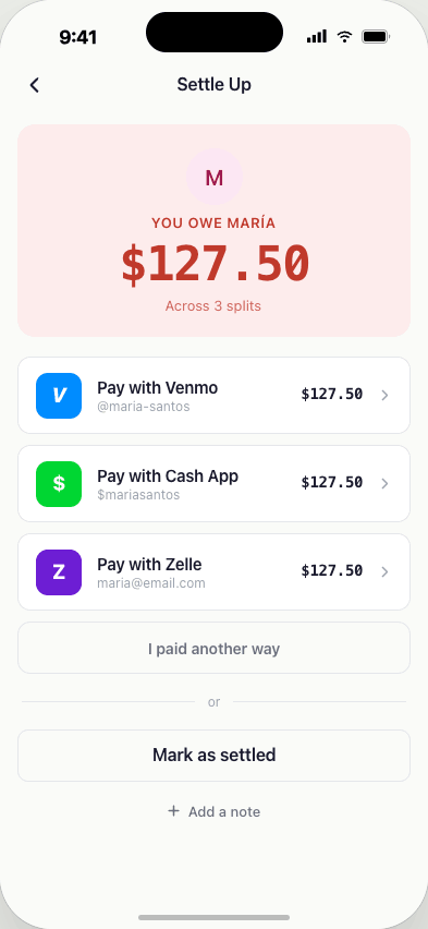Settle up screen with Venmo, Cash App, and Zelle options and the exact amount pre-filled